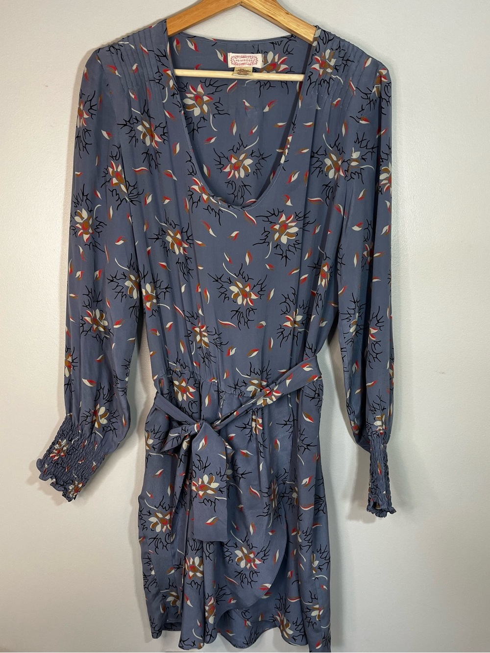 Primrose Blue Floral Silk Long Sleeve Dress Tulip Hem Skirt Women’s Large